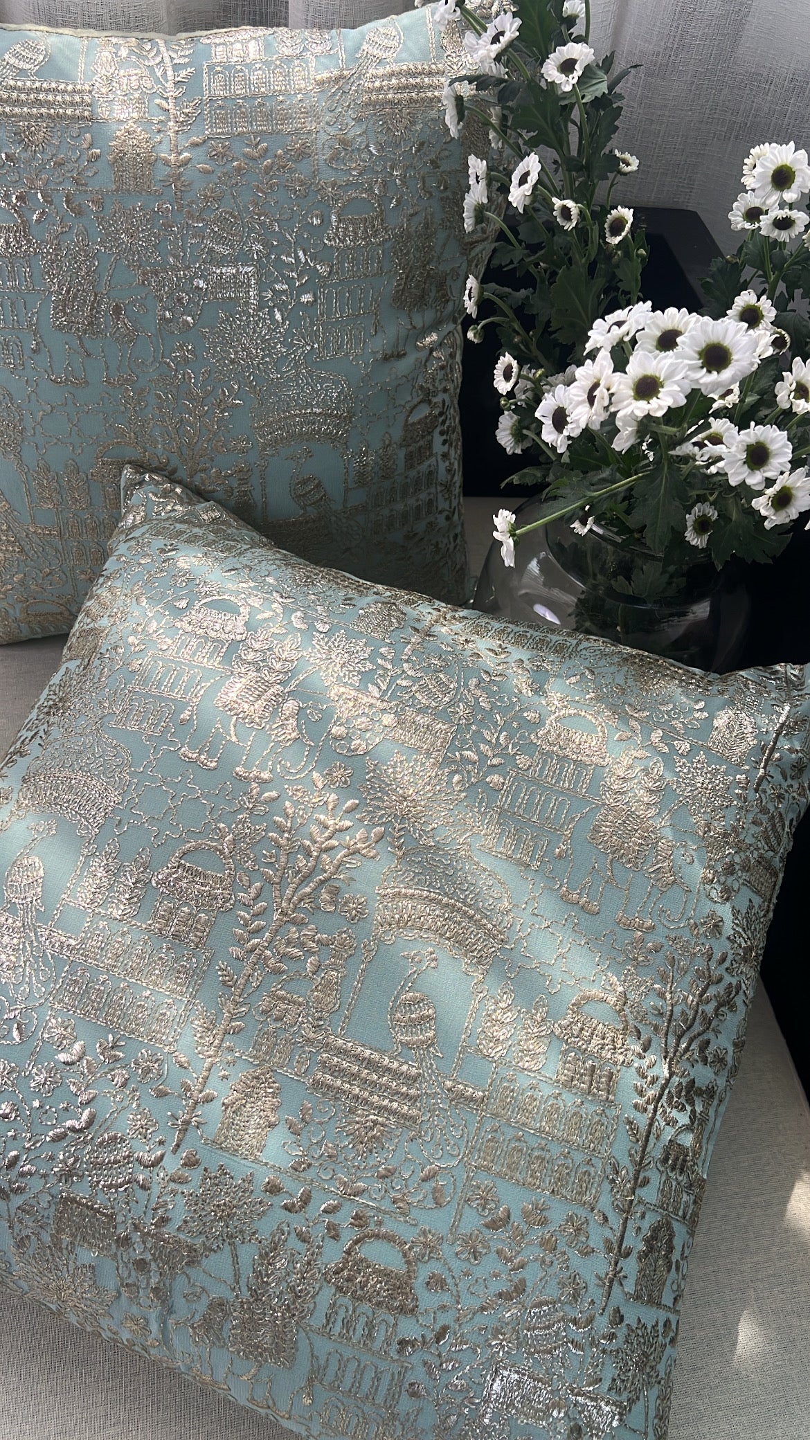 Blue Silver Peacock Cushion Cover (Set of 2)