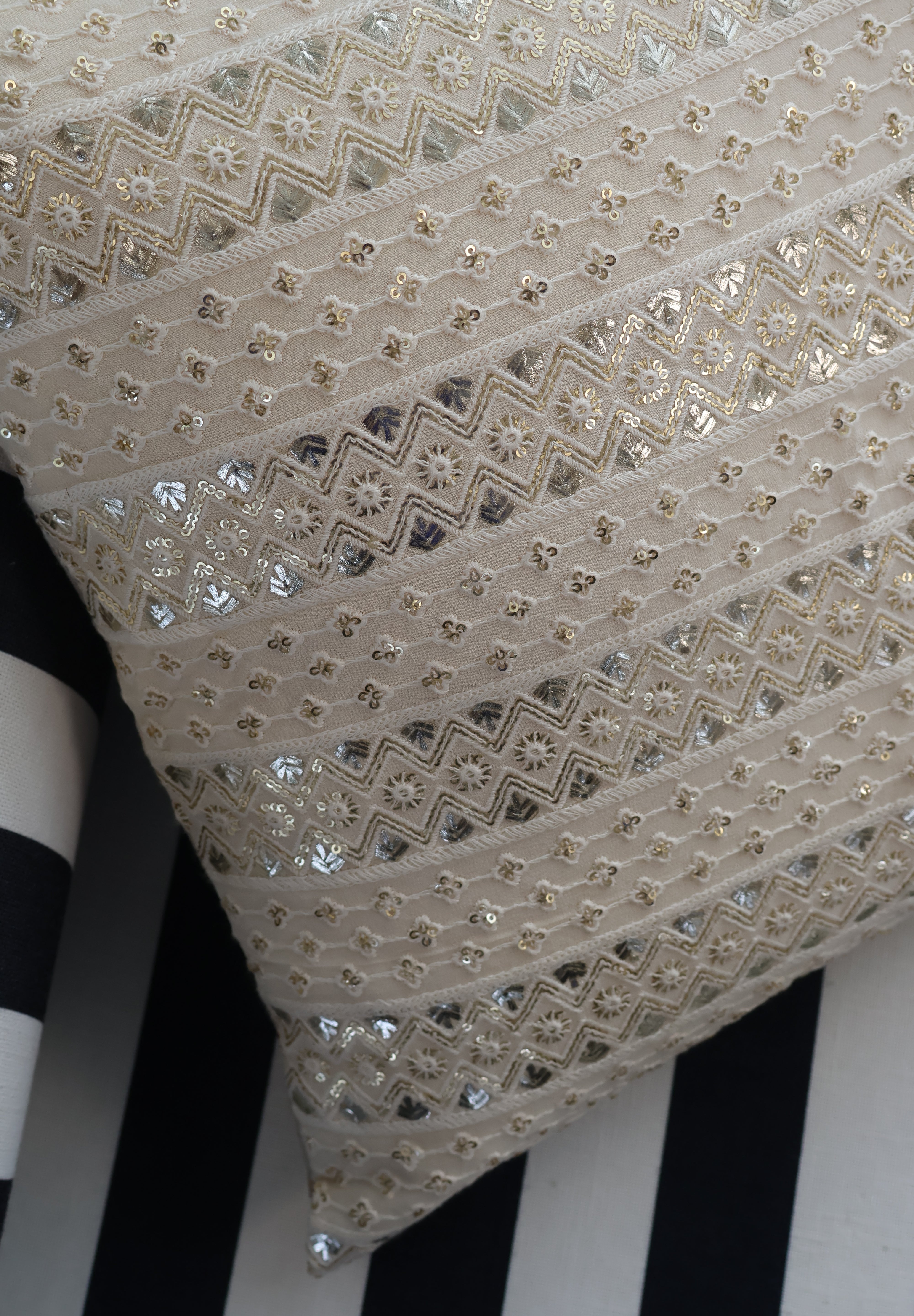 Beige Silver Gold Sequence Cushion Cover (Set of 2)