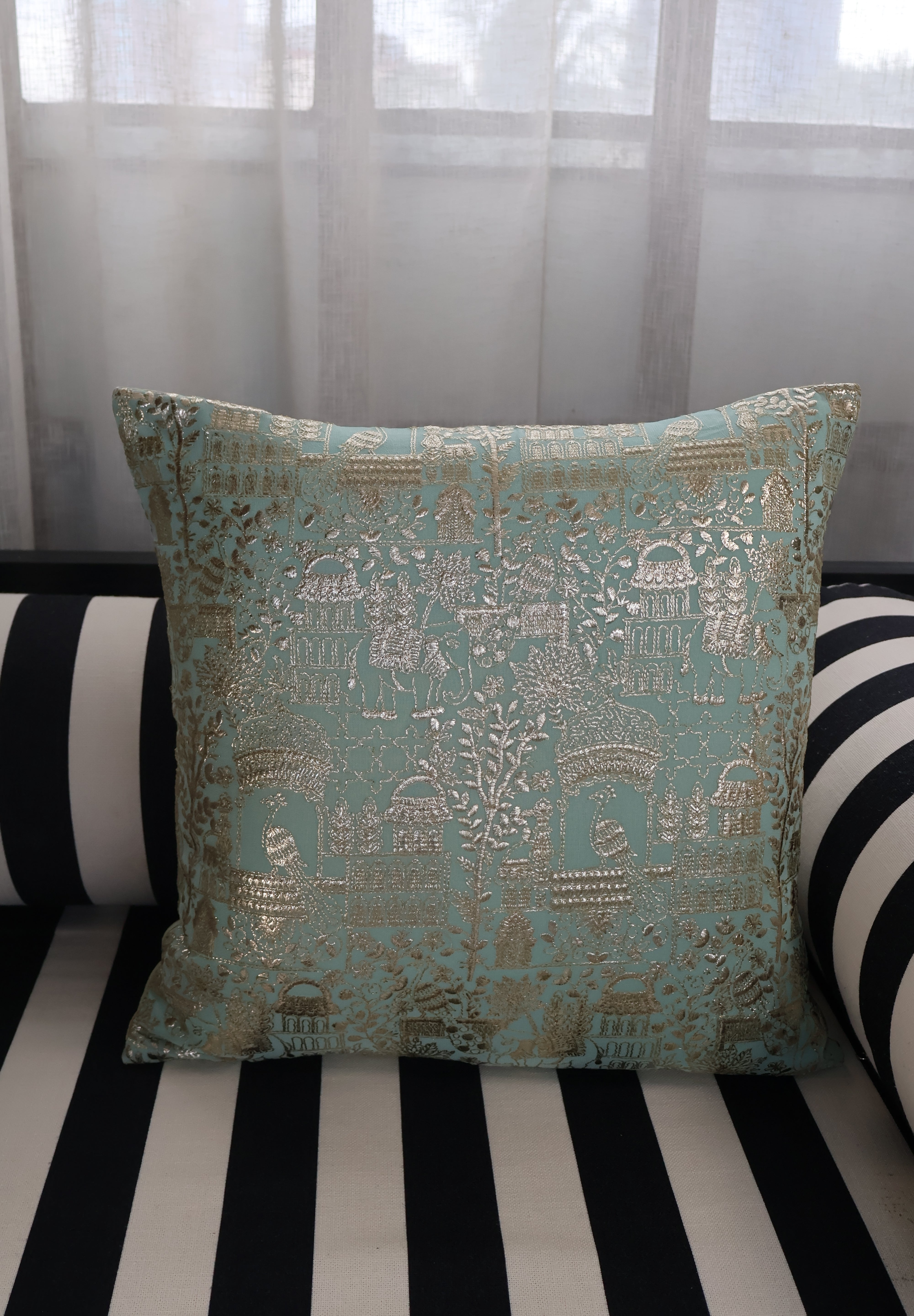 Blue Silver Peacock Cushion Cover (Set of 2)