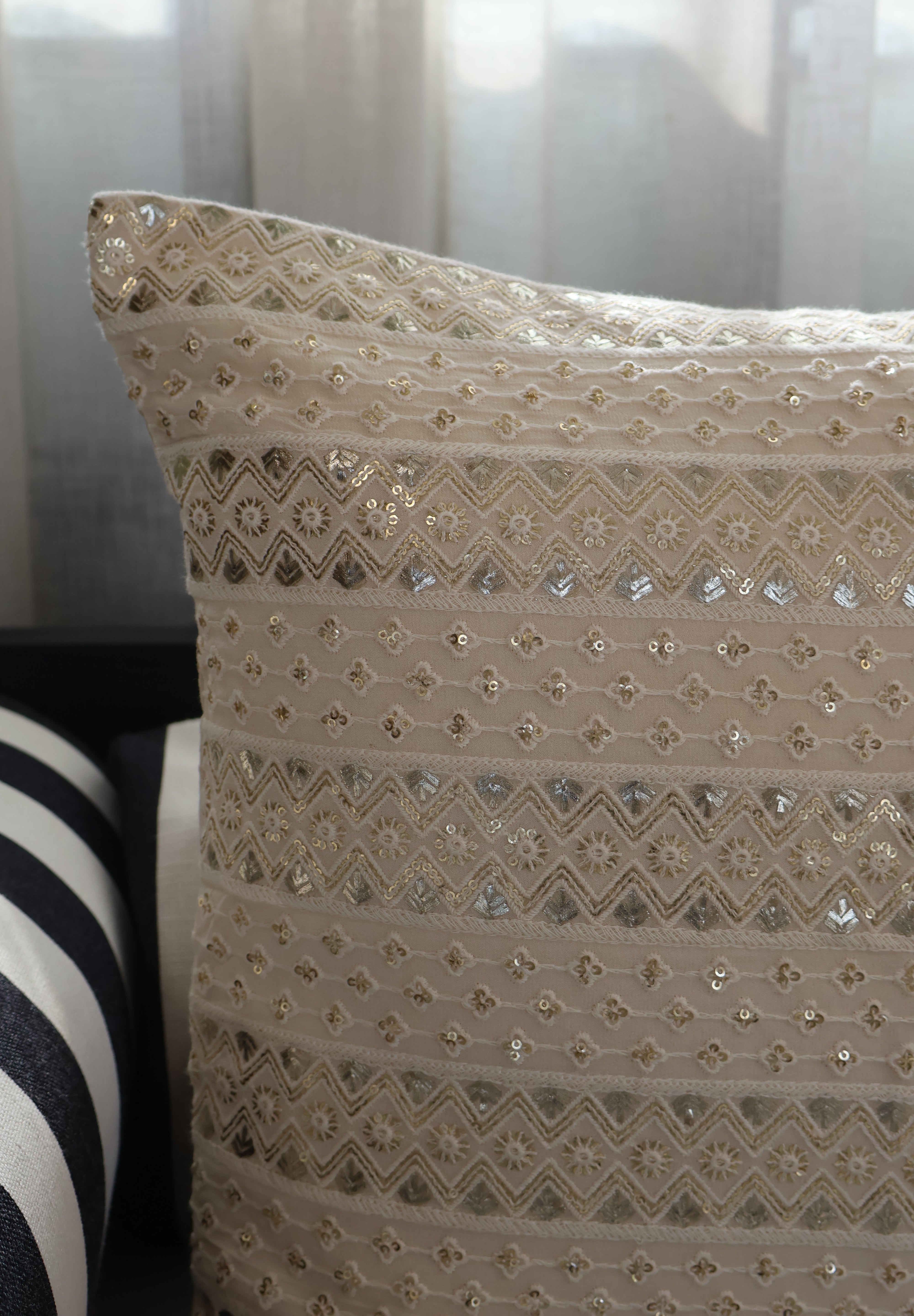 Beige Silver Gold Sequence Cushion Cover (Set of 2)