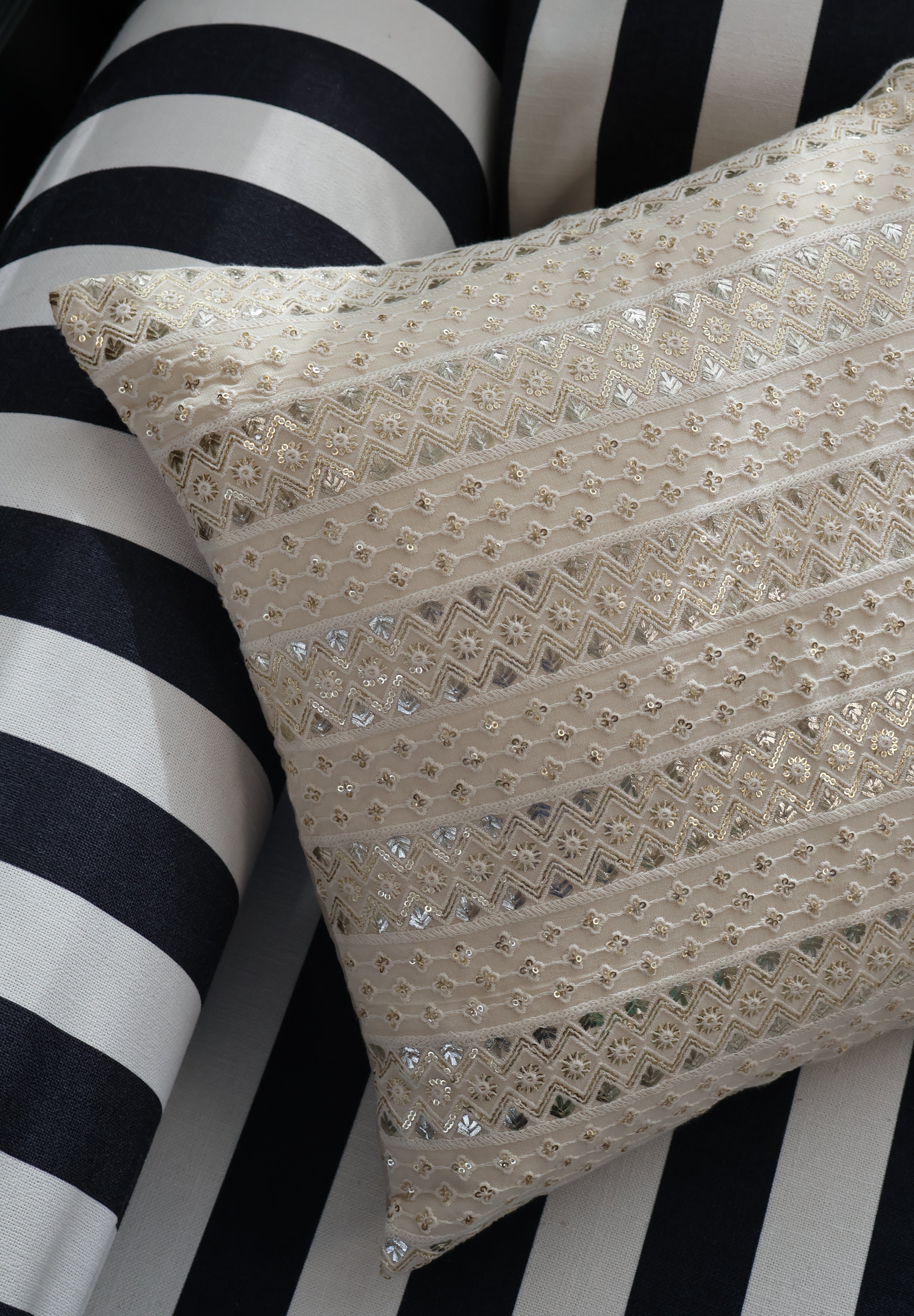 Beige Silver Gold Sequence Cushion Cover (Set of 2)
