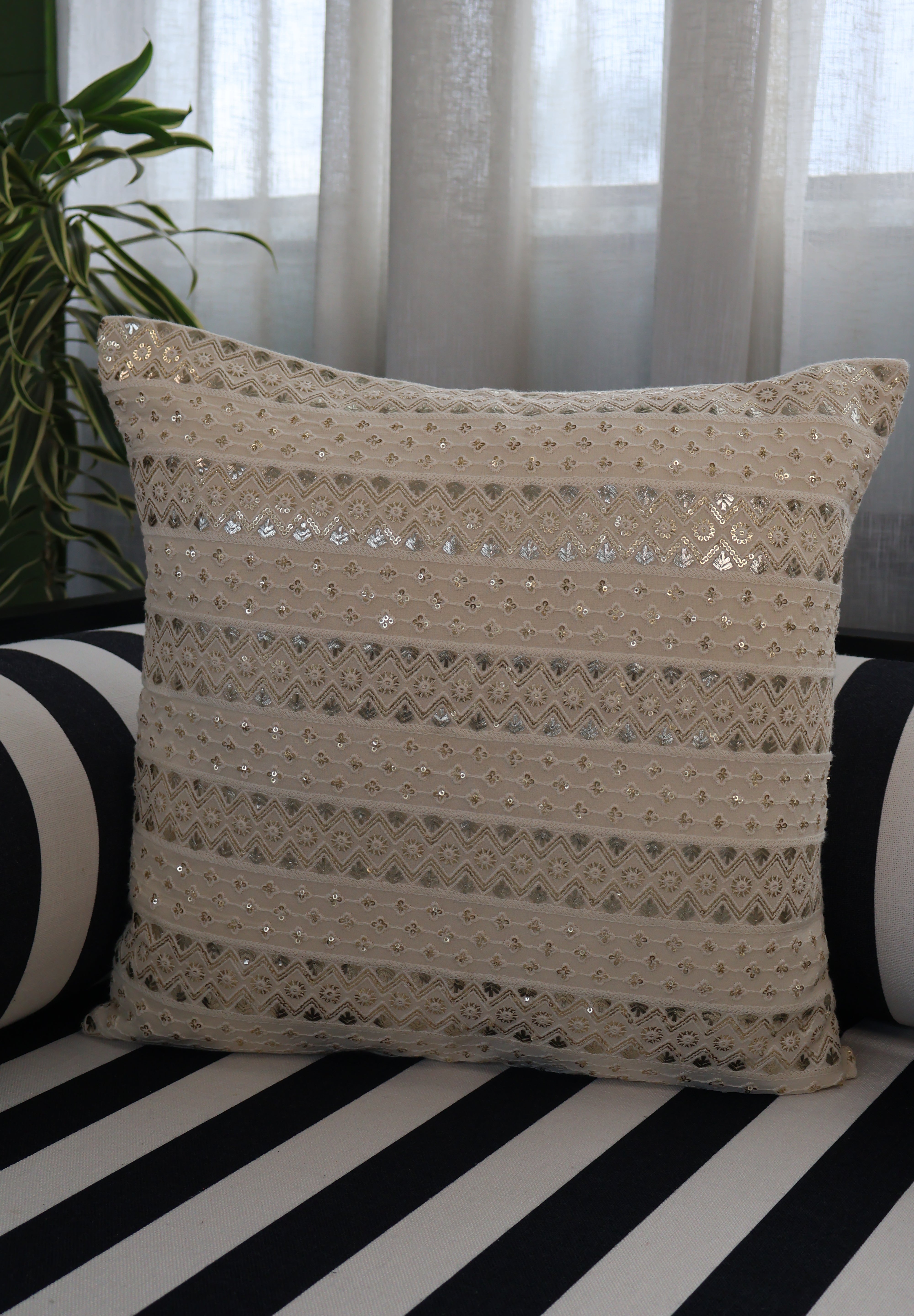 Beige Silver Gold Sequence Cushion Cover (Set of 2)