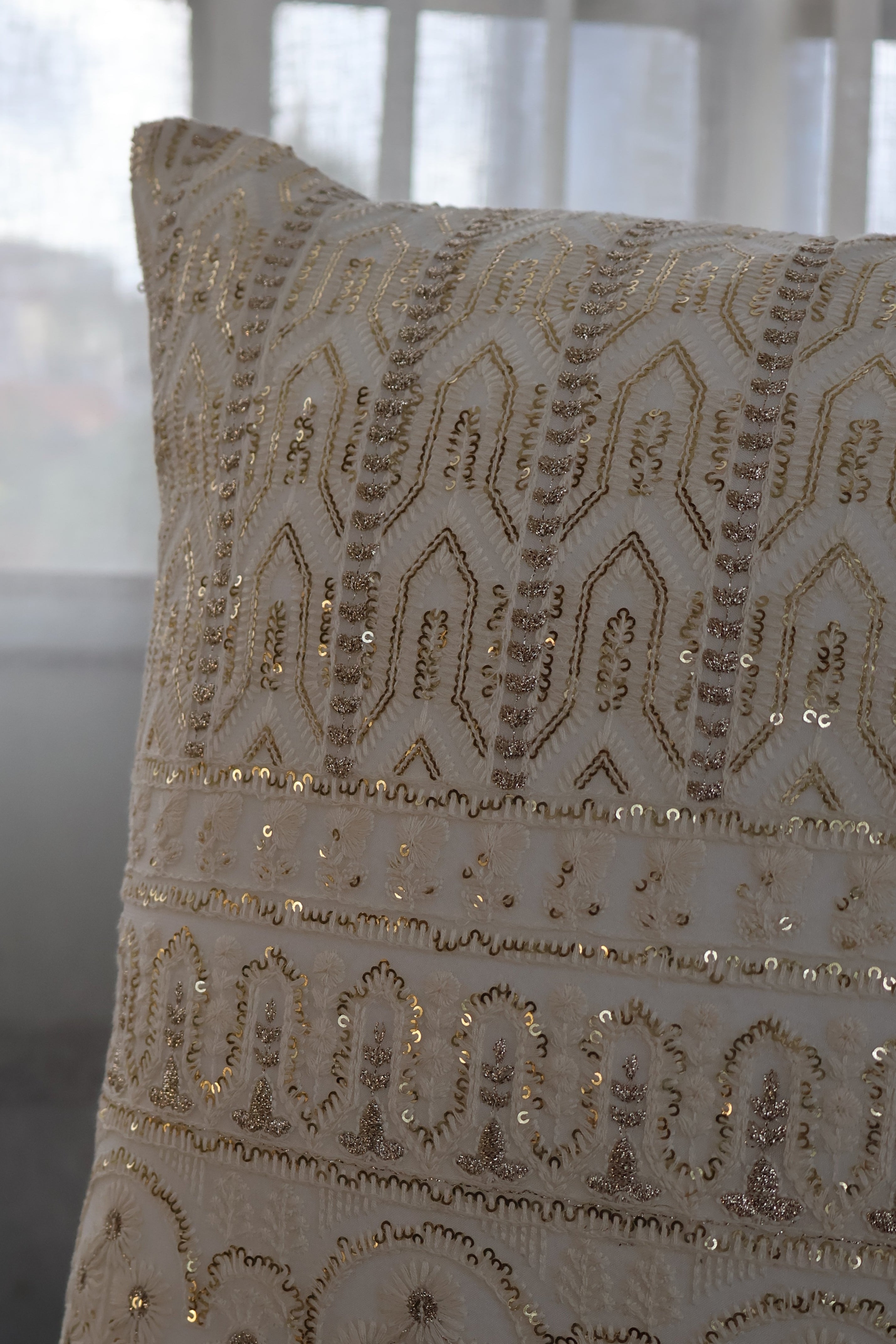 Ivory Gold Embroidered Cushion Cover  (Set of 2)