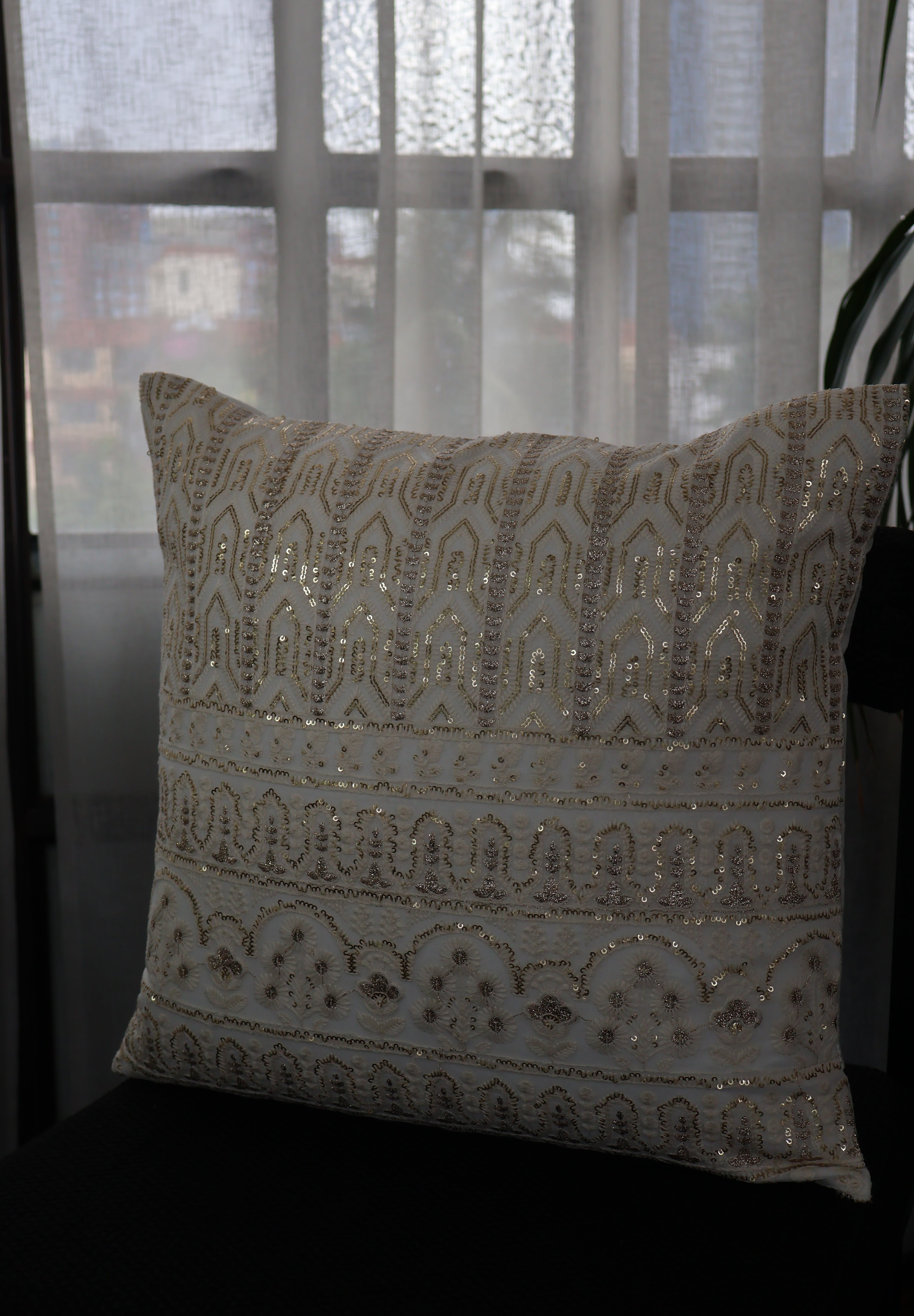 Ivory Gold Embroidered Cushion Cover  (Set of 2)