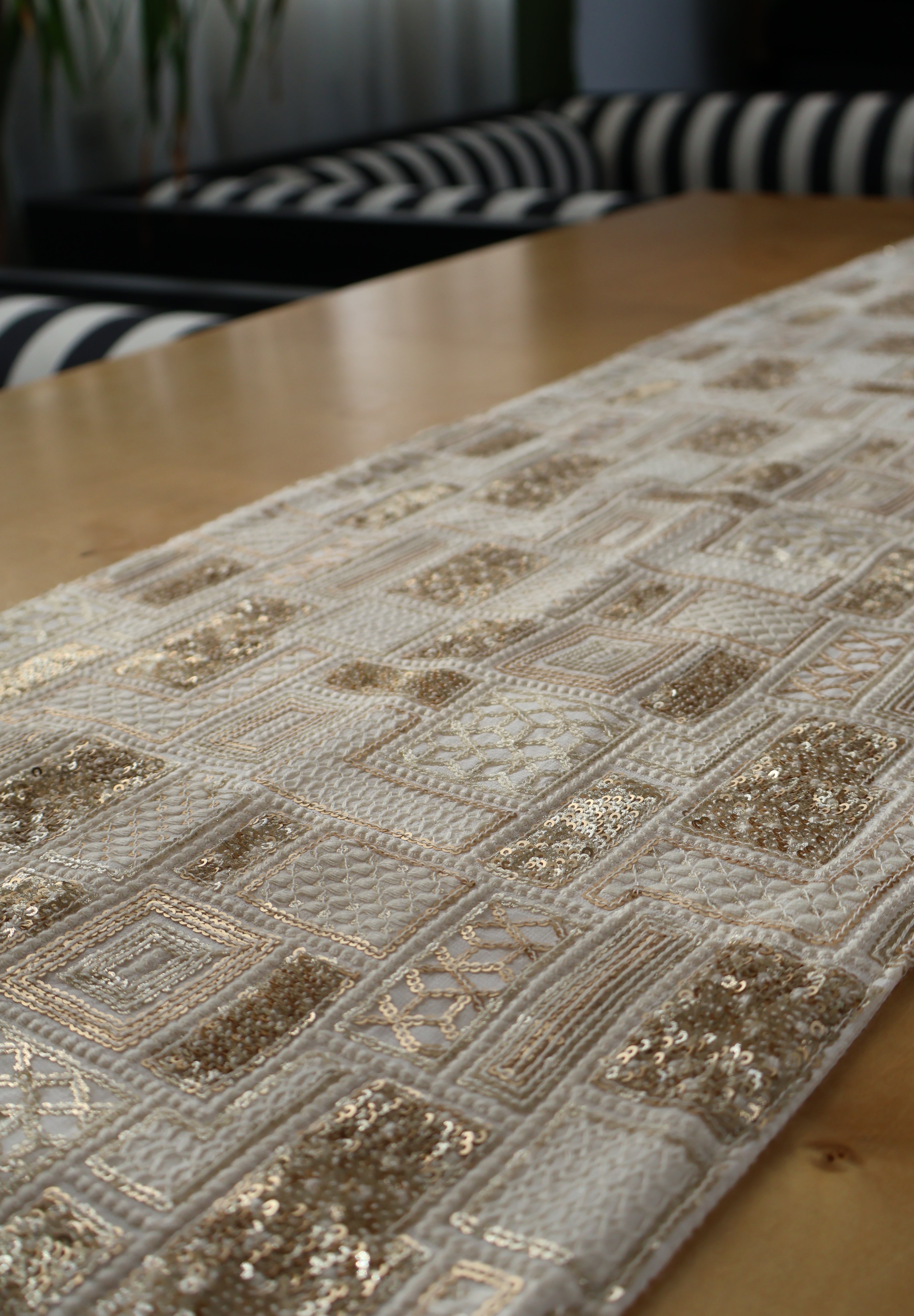 White Gold Sequence Table runner with Mirror Danglers
