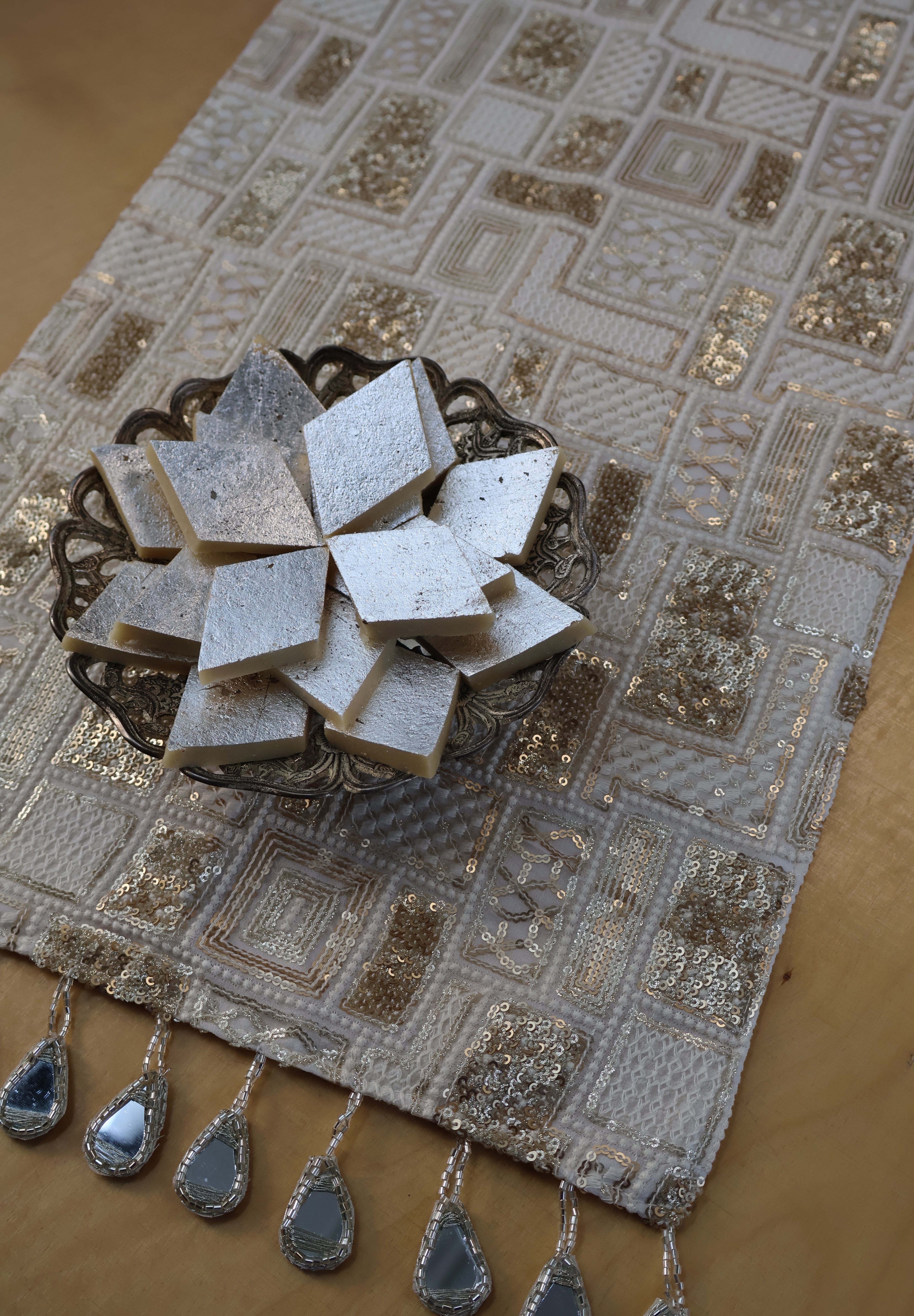 White Gold Sequence Table runner with Mirror Danglers