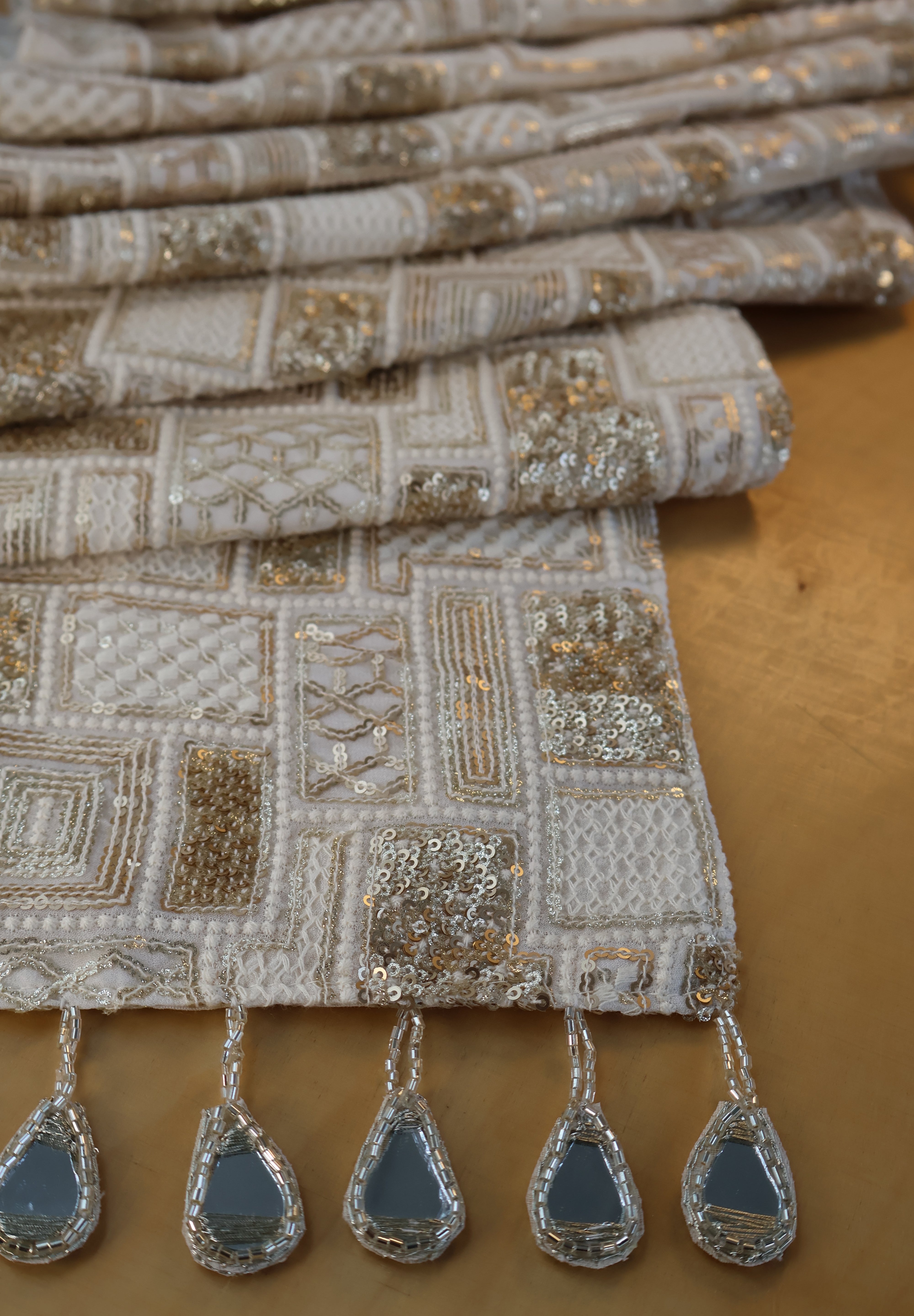 White Gold Sequence Table runner with Mirror Danglers