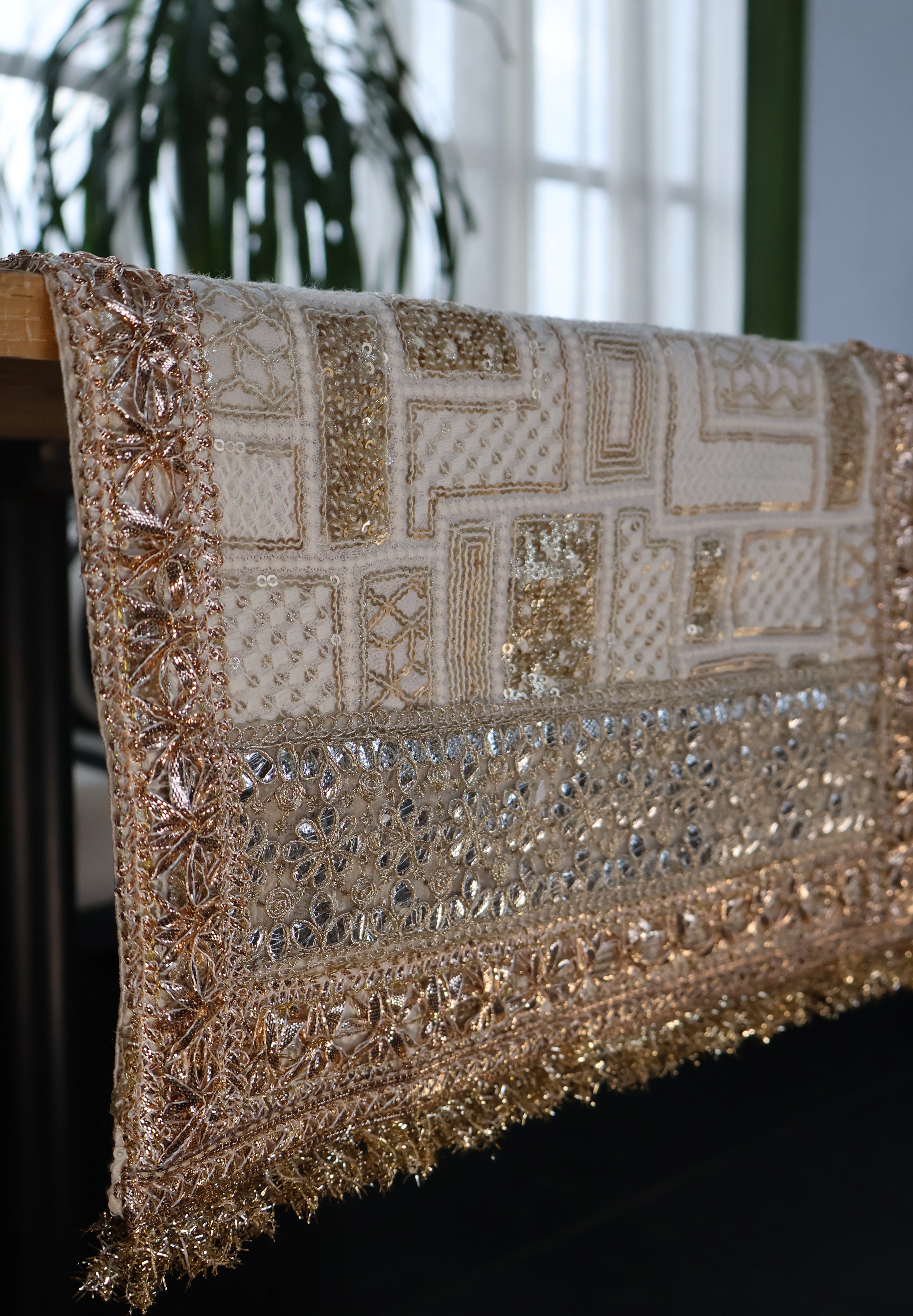 White Gold Sequence Traditional Table Runner