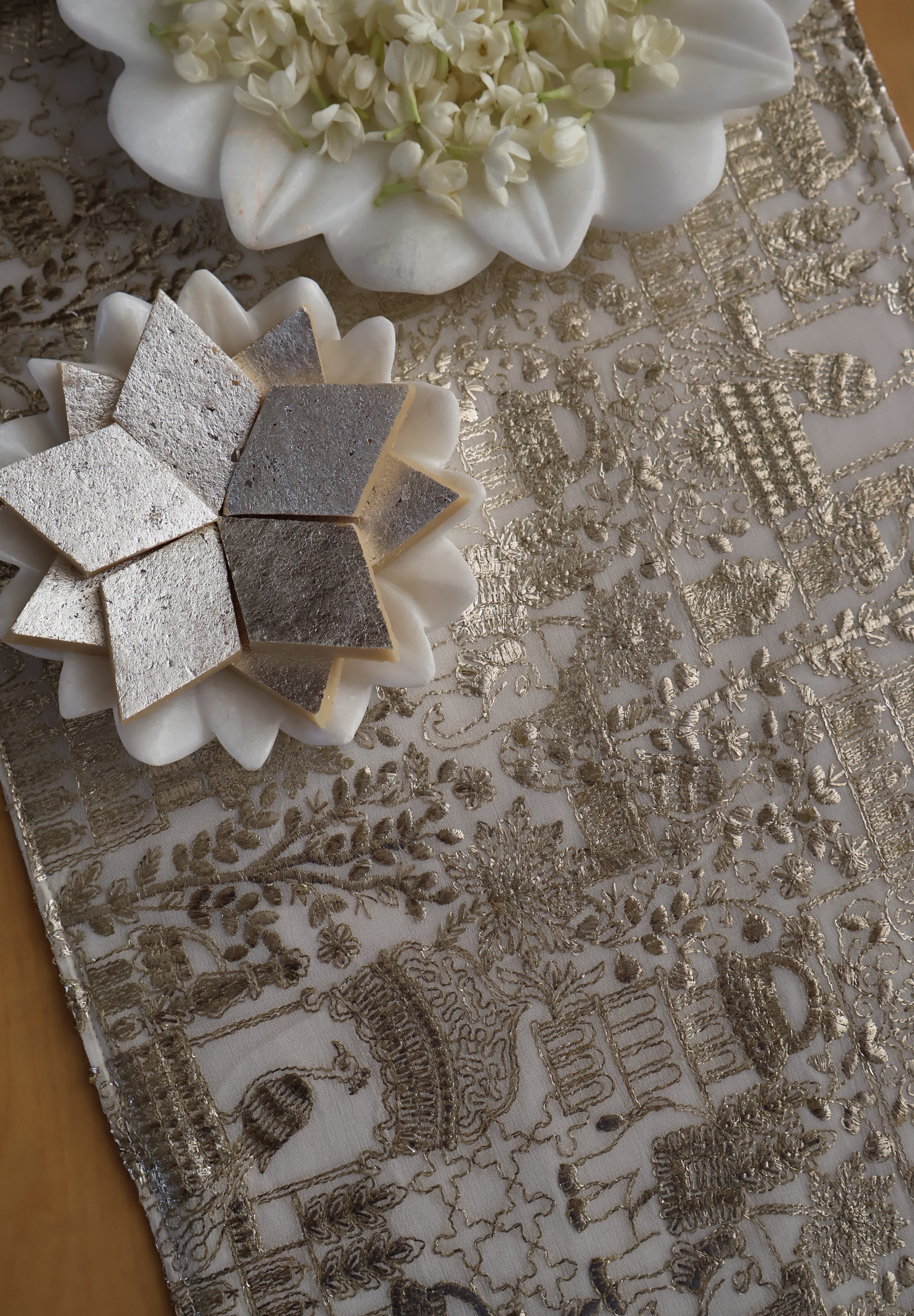 White Silver Peacock Table Runner