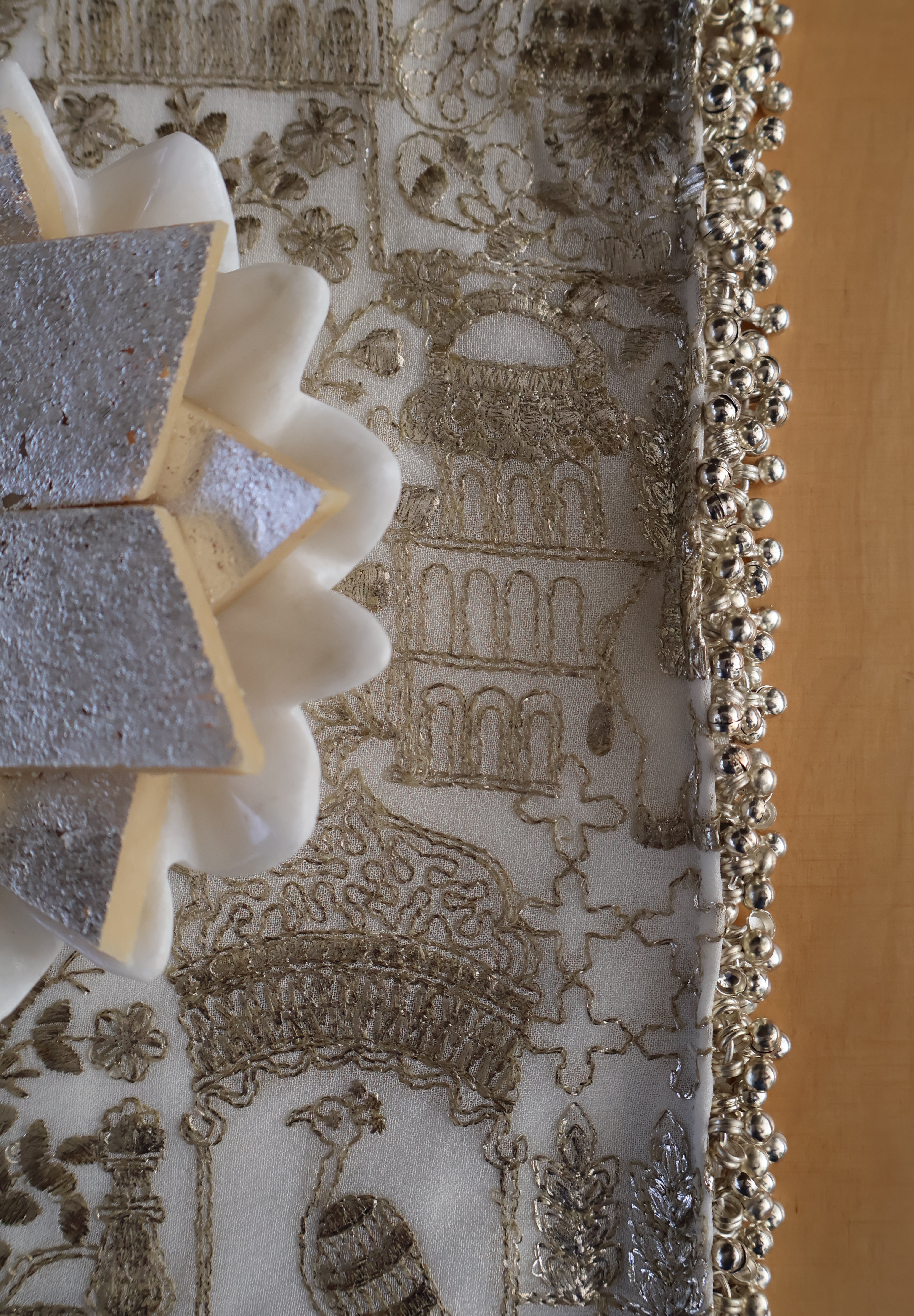 White Silver Peacock Table Runner