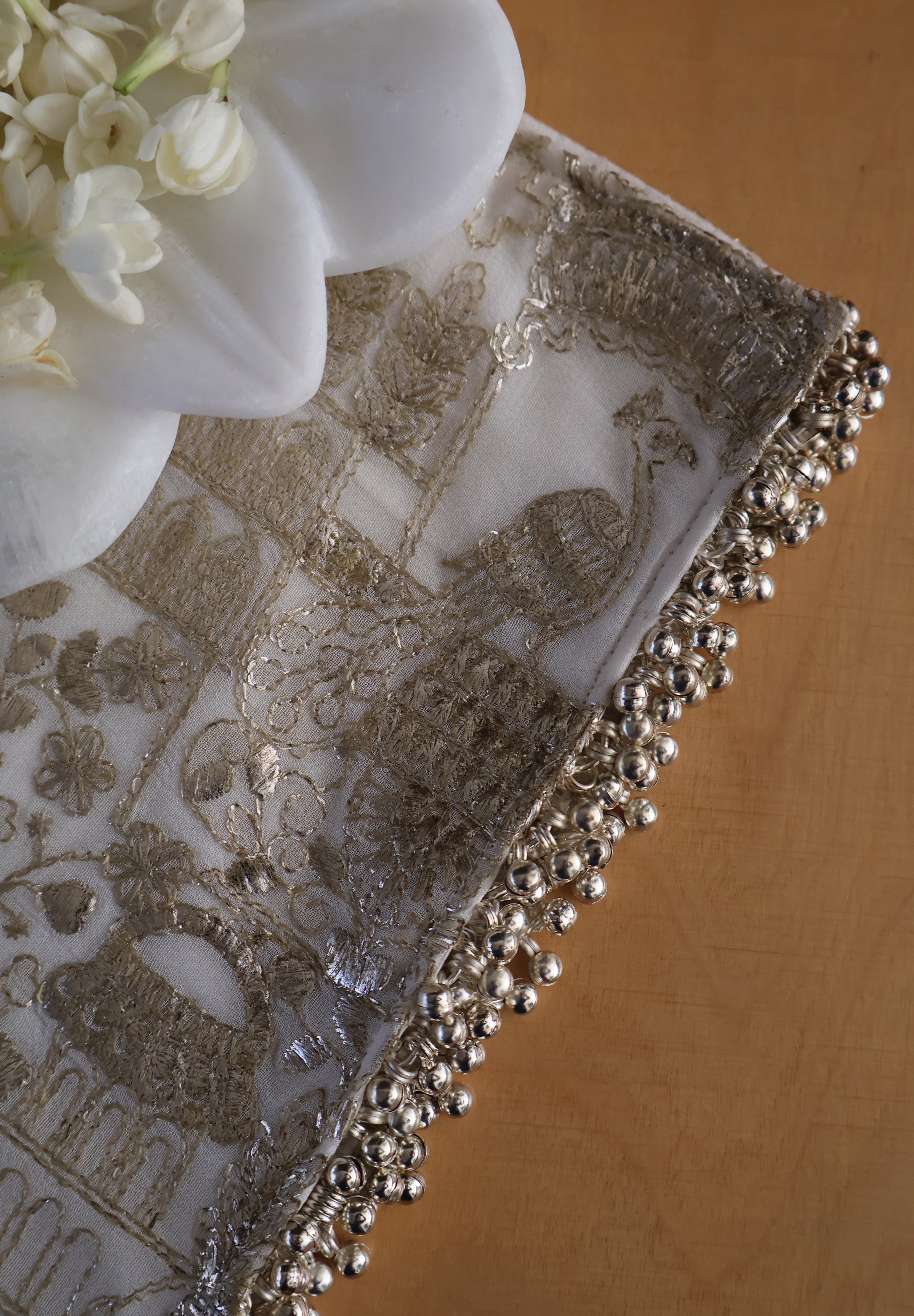 White Silver Peacock Table Runner