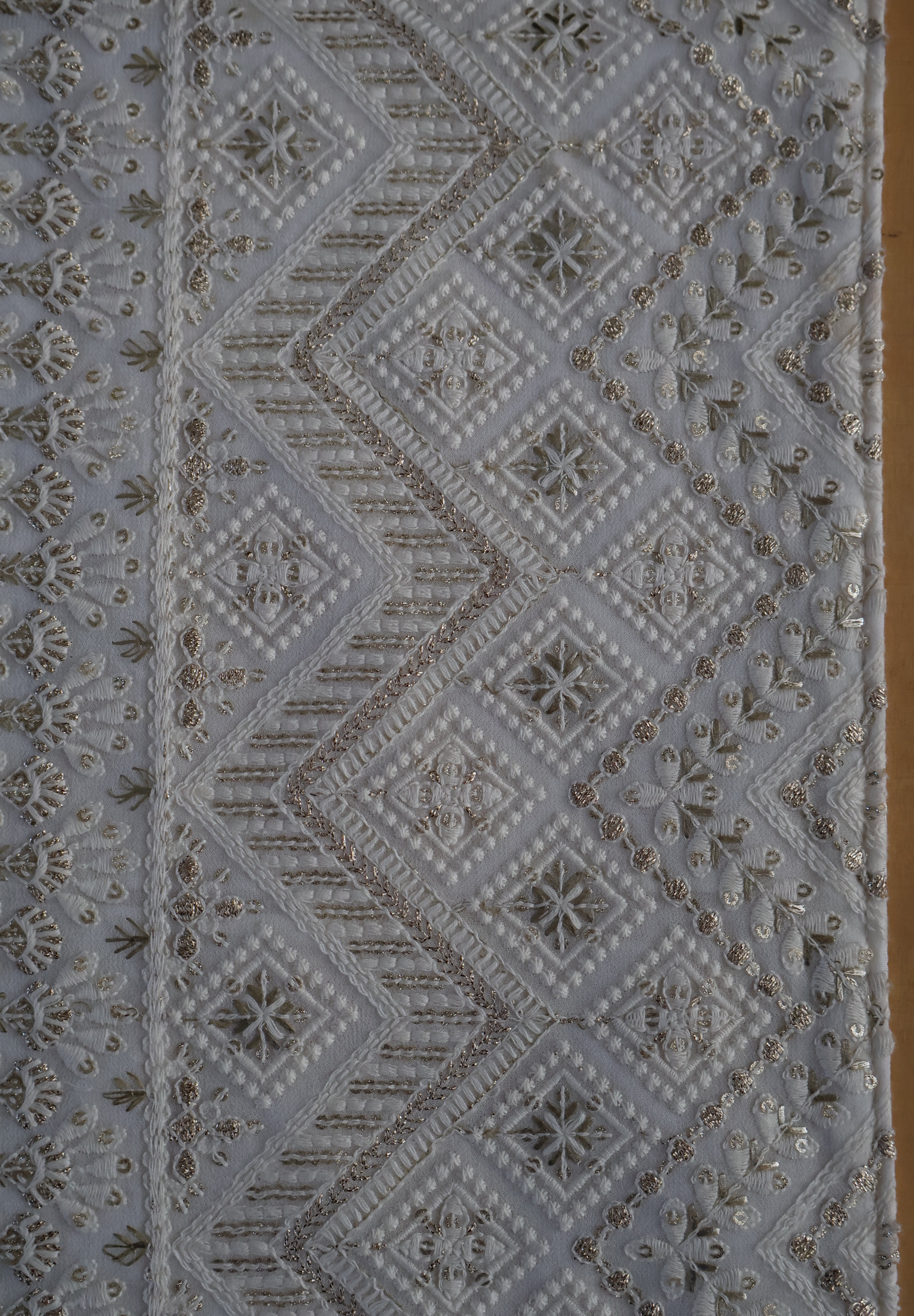 White Silver Zari Embroidered Table Runner
