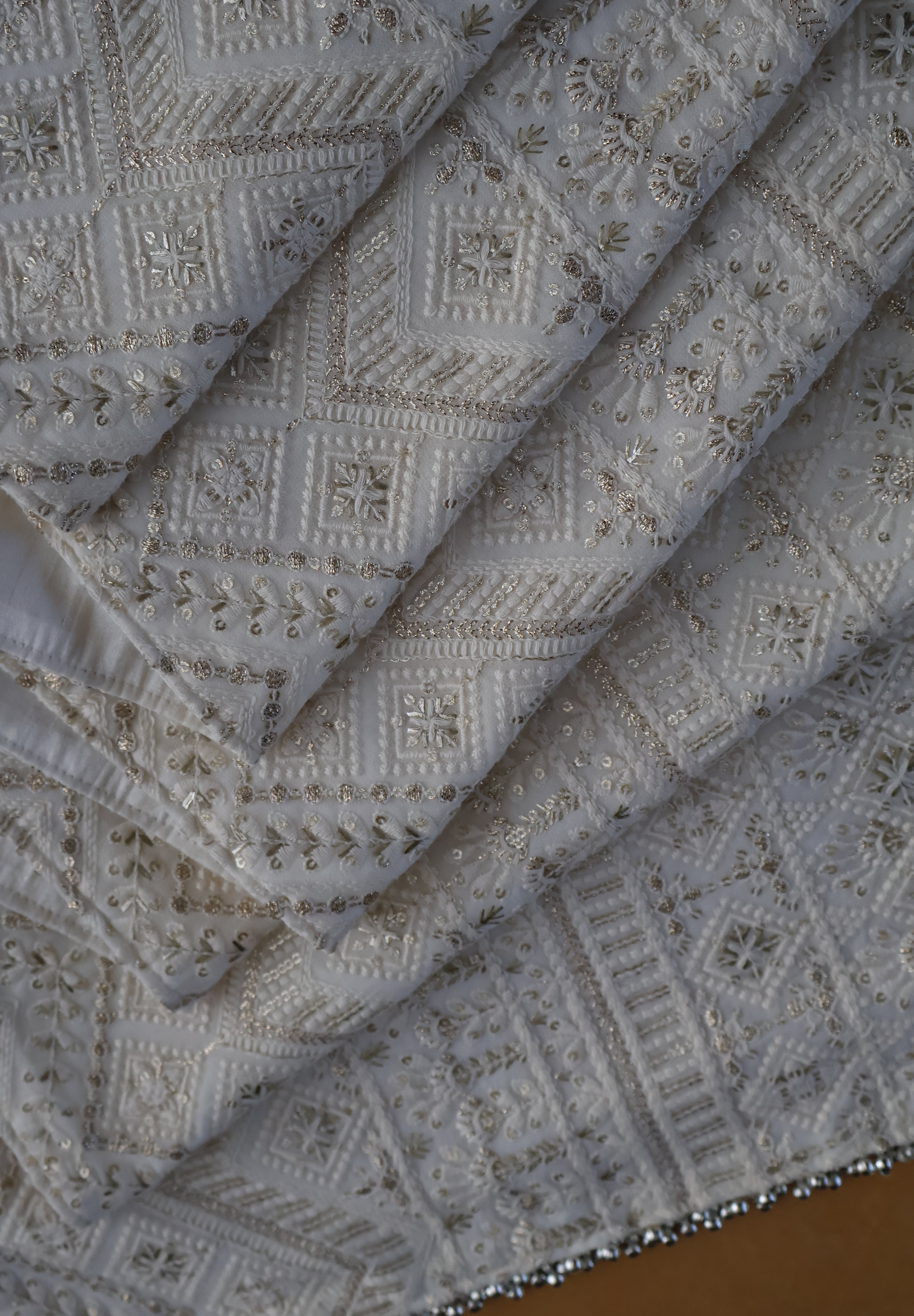 White Silver Zari Embroidered Table Runner