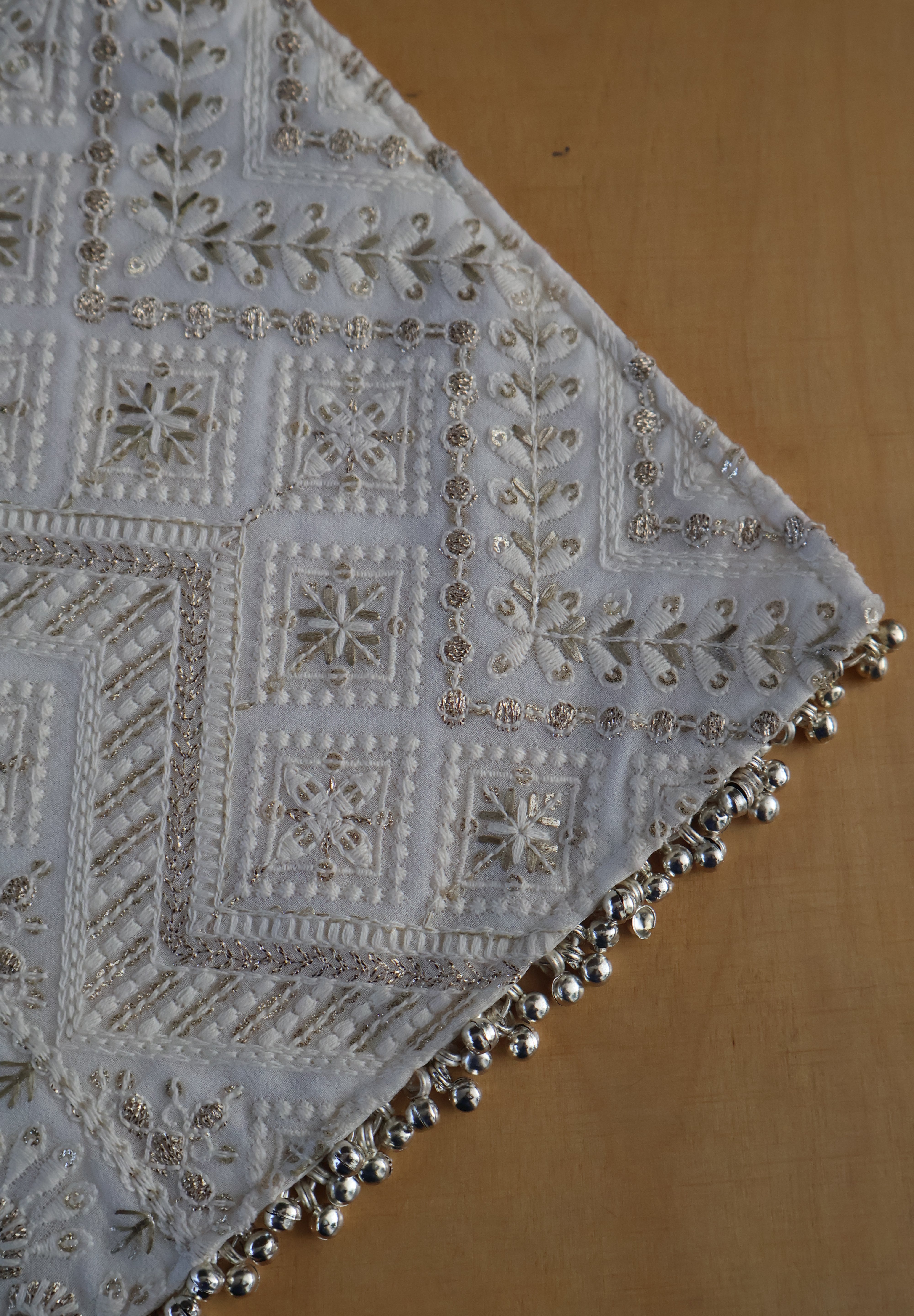 White Silver Zari Embroidered Table Runner
