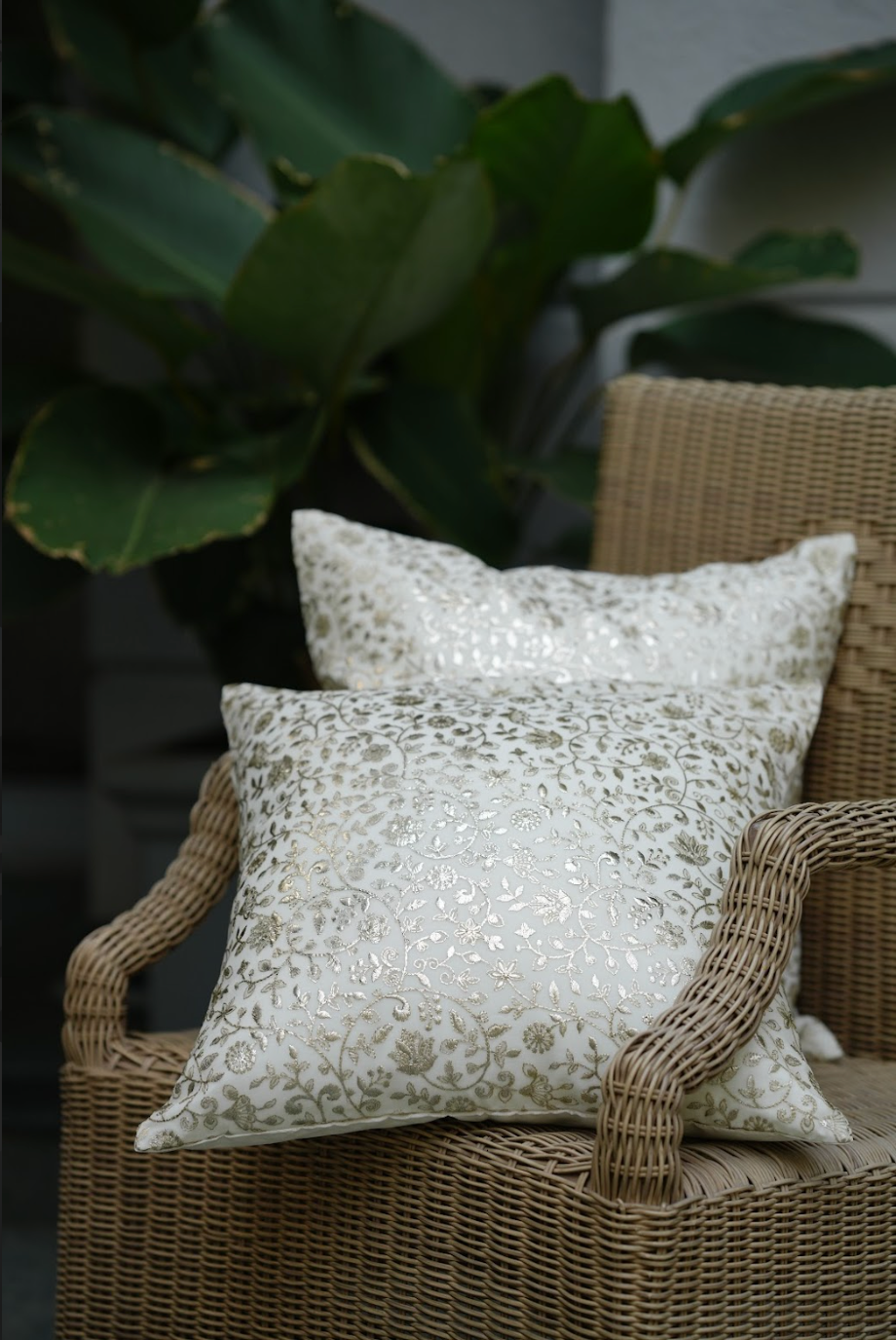 White Silver Flower Cushion Cover (Set of 2)