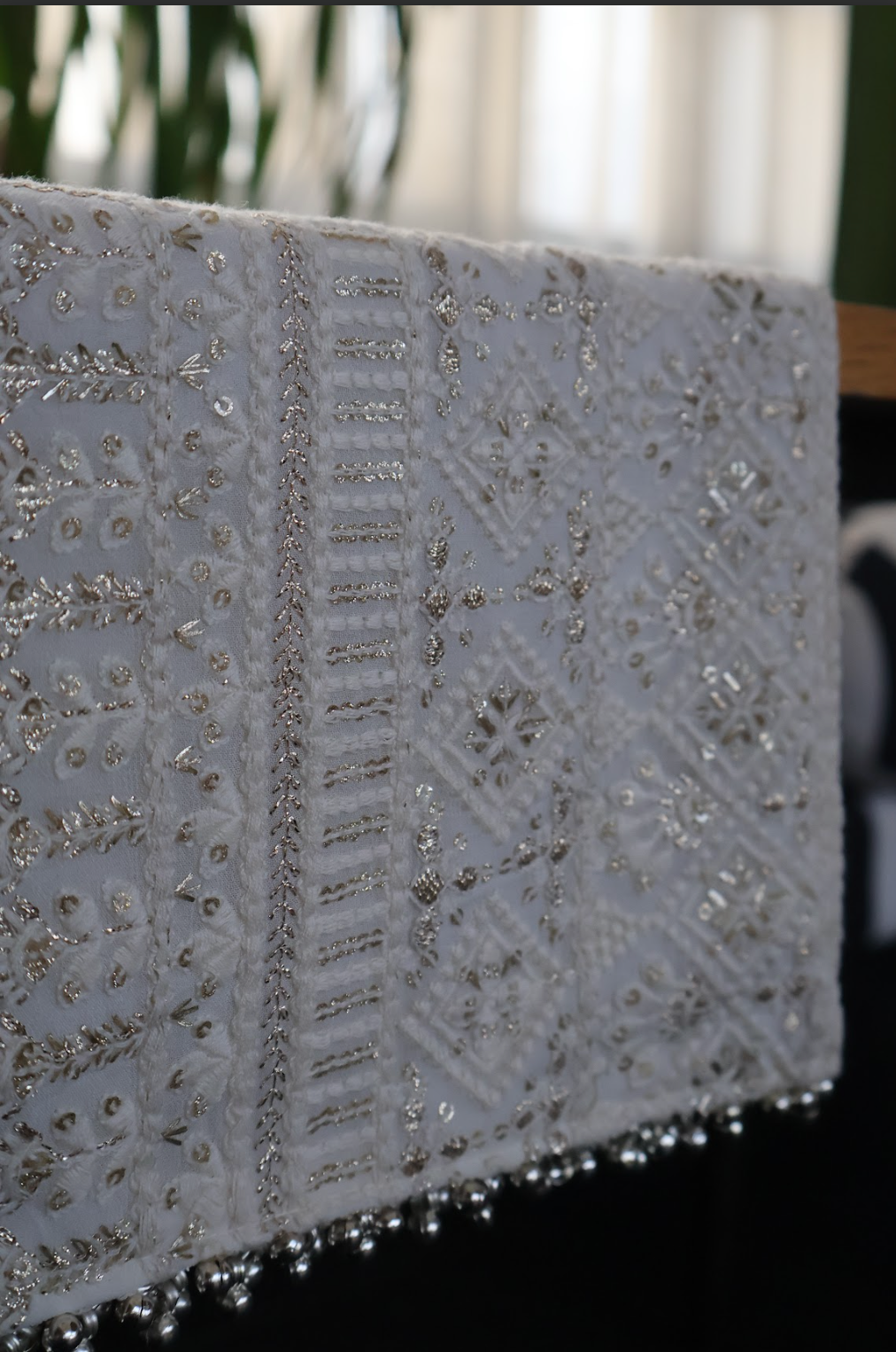 White Silver Zari Embroidered Table Runner