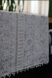 White Silver Zari Embroidered Table Runner